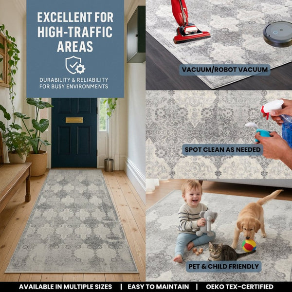 HomeRoots 2' X 30' Gray and Beige Moroccan Runner Rug - Stylish, Durable, Stain-Resistant for High-Traffic Areas 609812