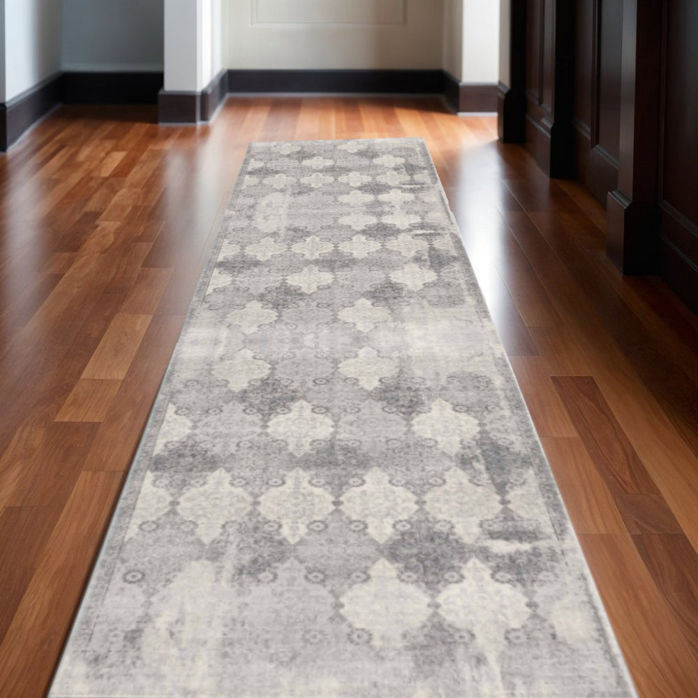 HomeRoots 2' X 30' Gray and Beige Moroccan Runner Rug - Stylish, Durable, Stain-Resistant for High-Traffic Areas 609812