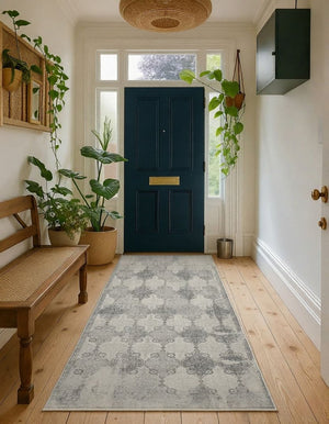 HomeRoots 2' X 30' Gray and Beige Moroccan Runner Rug - Stylish, Durable, Stain-Resistant for High-Traffic Areas 609812