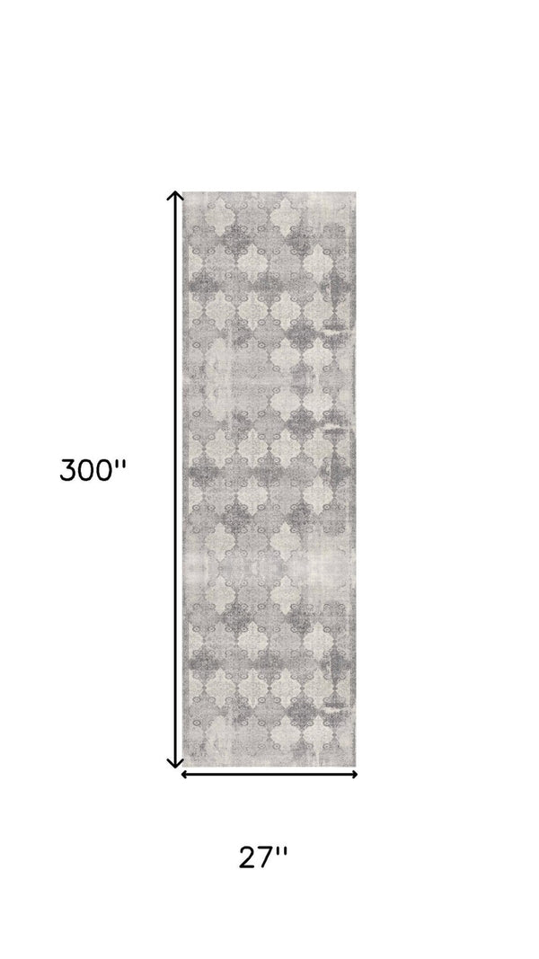 HomeRoots 2' x 25' Gray and Beige Moroccan Runner Rug - Durable, Stain-Resistant Design for High-Traffic Areas 609813