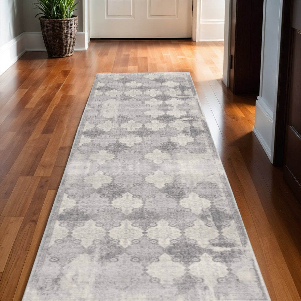 HomeRoots 2' x 25' Gray and Beige Moroccan Runner Rug - Durable, Stain-Resistant Design for High-Traffic Areas 609813