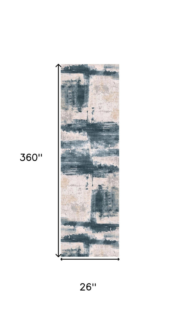 HomeRoots 2' Blue and Beige Abstract Area Rug Runner – Soft, Stain-Resistant for High-Traffic Spaces, 30' Long 609818