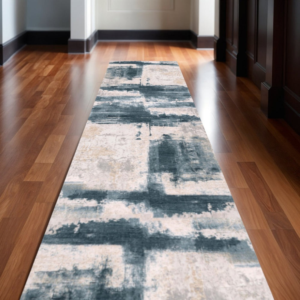 HomeRoots 2' Blue and Beige Abstract Area Rug Runner – Soft, Stain-Resistant for High-Traffic Spaces, 30' Long 609818