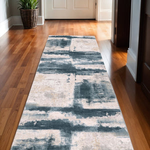HomeRoots 17' Runner Blue and Beige Abstract Rug - Soft, Stain-Resistant, Durable for Hallways & Busy Homes 609821