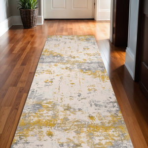 HomeRoots 19' Runner Gold and Gray Abstract Rug - Modern, Durable, Stain-Resistant Runner for High-Traffic Areas 609826