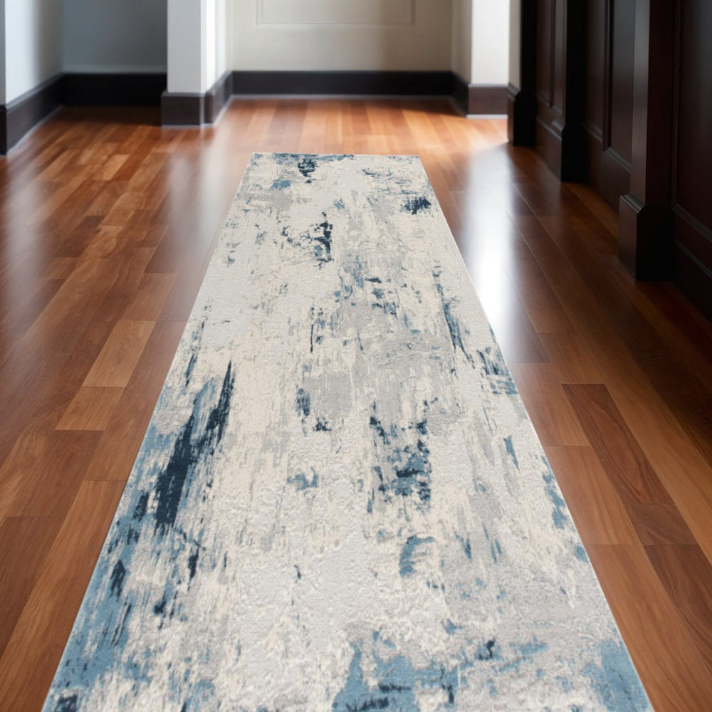 HomeRoots 2' Abstract Runner Rug in Blue, Beige & Gray – Modern Design, Soft, Durable, Ideal for High Traffic Areas 609830