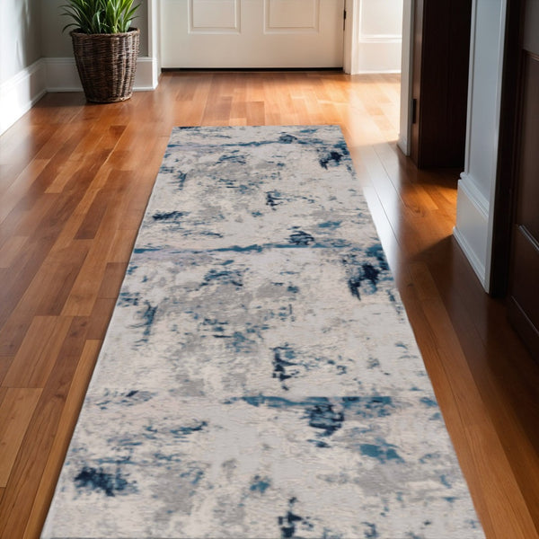 HomeRoots 19' Contemporary Abstract Runner Rug in Blue, Beige & Gray - Durable, Soft, Stain-Resistant Design! 609832