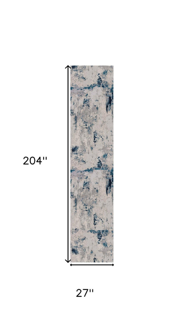 HomeRoots 17' Modern Abstract Runner Rug in Blue, Beige & Gray - Durable, Soft & Stain-Resistant for High Traffic Areas 609833