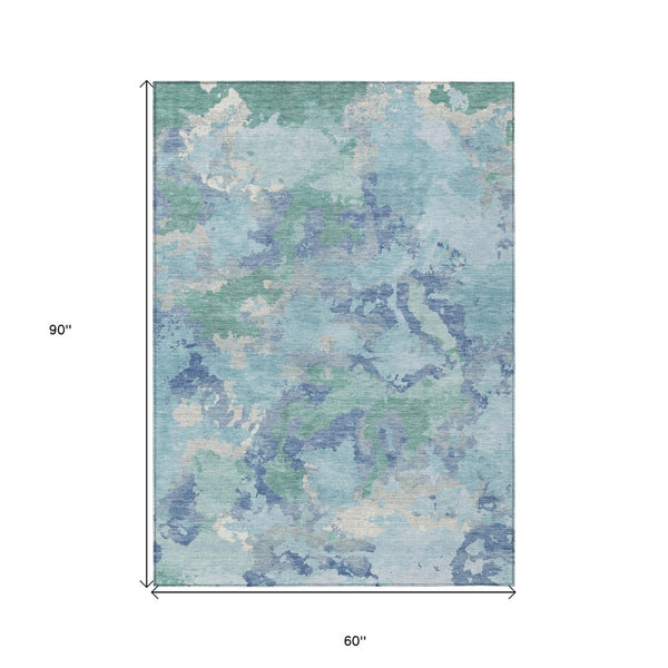 HomeRoots 5' Blue and Teal Abstract Area Rug – Stylish, Durable, Washable Indoor/Outdoor Design for Versatile Spaces 5' X 8' 609835