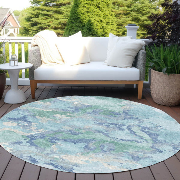 HomeRoots 5' Blue and Teal Abstract Area Rug – Stylish, Durable, Washable Indoor/Outdoor Design for Versatile Spaces 8' Round 609836