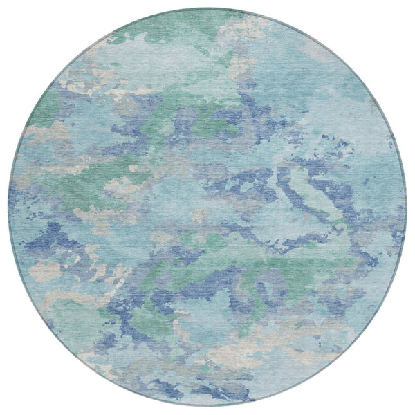 HomeRoots 5' Blue and Teal Abstract Area Rug – Stylish, Durable, Washable Indoor/Outdoor Design for Versatile Spaces 8' Round 609836