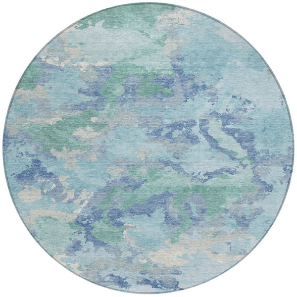 HomeRoots 5' Blue and Teal Abstract Area Rug – Stylish, Durable, Washable Indoor/Outdoor Design for Versatile Spaces 8' Round 609836