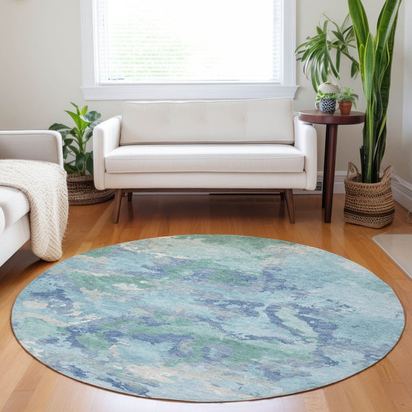 HomeRoots 5' Blue and Teal Abstract Area Rug – Stylish, Durable, Washable Indoor/Outdoor Design for Versatile Spaces 8' Round 609836