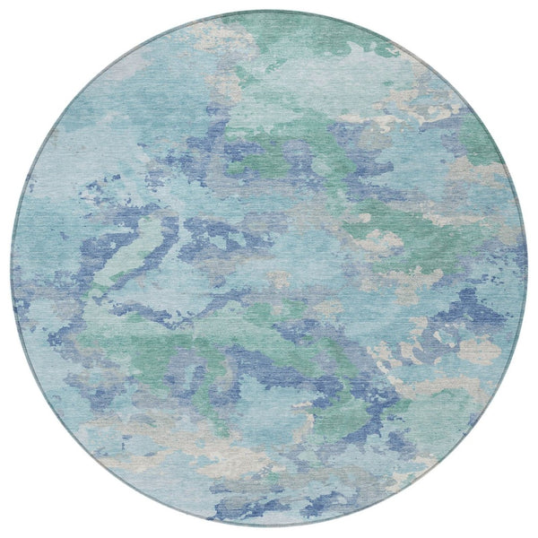 HomeRoots 5' Blue and Teal Abstract Area Rug – Stylish, Durable, Washable Indoor/Outdoor Design for Versatile Spaces 8' Round 609836