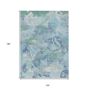 HomeRoots 5' Blue and Teal Abstract Area Rug – Stylish, Durable, Washable Indoor/Outdoor Design for Versatile Spaces 10' X 14' 609839