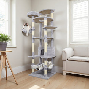 English Elm 71 Inch Floral Cat Tower with Condo Hammock Sisal Posts and Plush Perches for Large Breeds Light Gray W243P326647