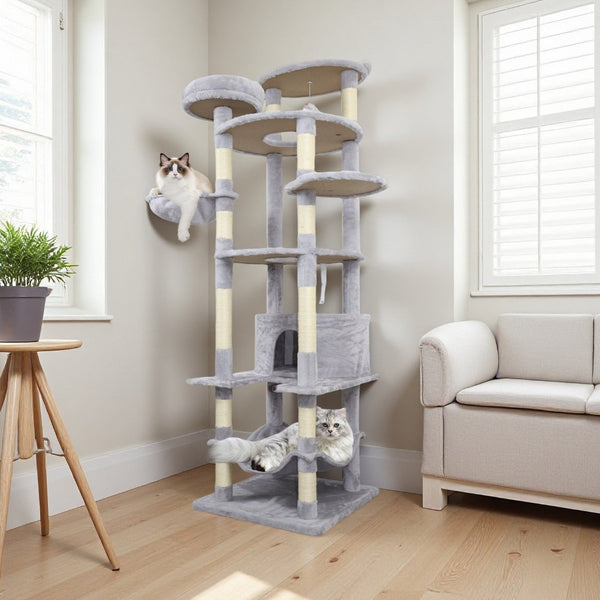 English Elm 71 Inch Floral Cat Tower with Condo Hammock Sisal Posts and Plush Perches for Large Breeds Light Gray W243P326647