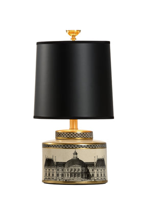 Wildwood Architectural Cream-Glazed Canister Lamp With Gold Trim & Black Drum Shade For Elegant Task Lighting 60996