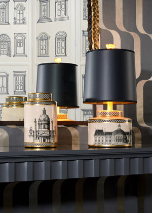 Wildwood Architectural Cream-Glazed Canister Lamp With Gold Trim & Black Drum Shade For Elegant Task Lighting 60996