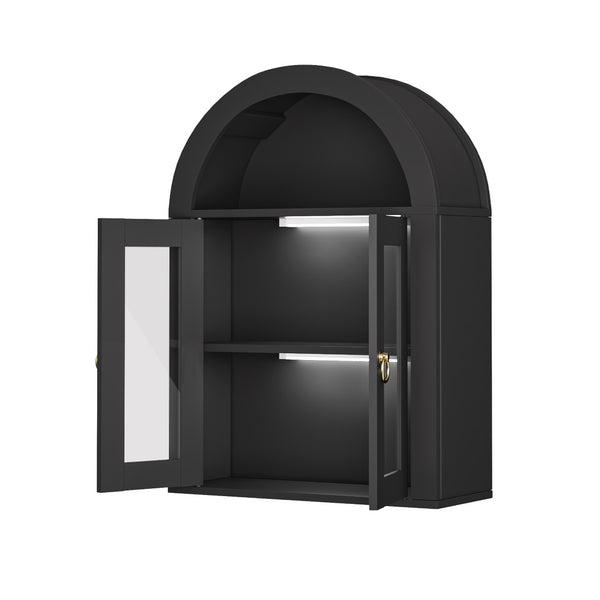 English Elm Wall Mounted Arched Cabinet Tempered Glass Doors Led Lighting Adjustable Shelves Bathroom Black T3210P471555