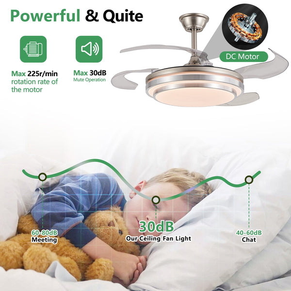 English Elm 42 Modern 3-Tier LED Ceiling Fan with Remote, Retractable Blades, 6-Speed DC Motor, Brushed Nickel Finish W1340P272388