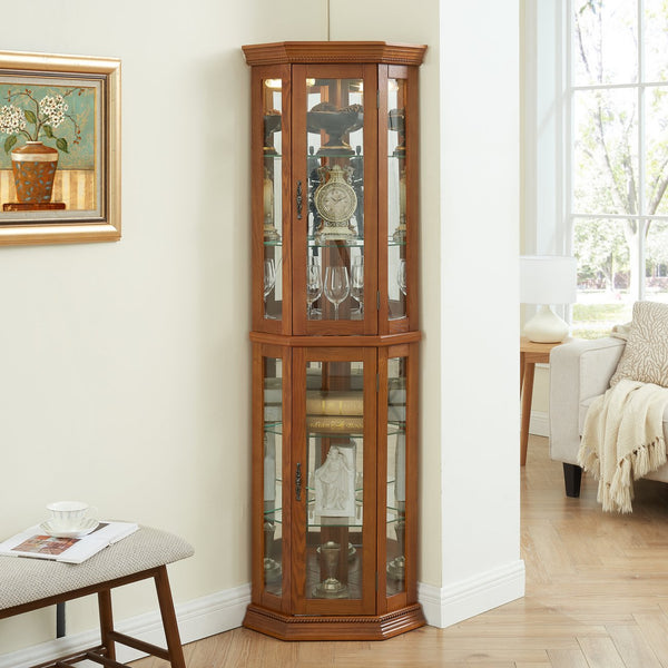 English Elm Lighted Corner Curio Cabinet - Elegant Display Shelf With Adjustable Glass Shelves & Ambient Lighting W1758P300137
