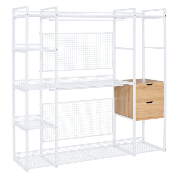 English Elm Open-Style Wardrobe Storage System with Heavy-Duty Metal Frame, Rails, Shelves & Drawers - Sleek Durable Design for Organized Living White SF000087AAK