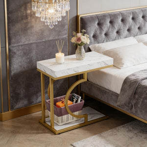 English Elm Stable C-shaped Side Table Faux Marble Top Gold Metal Frame Sofa Arm Accent T3971P446749