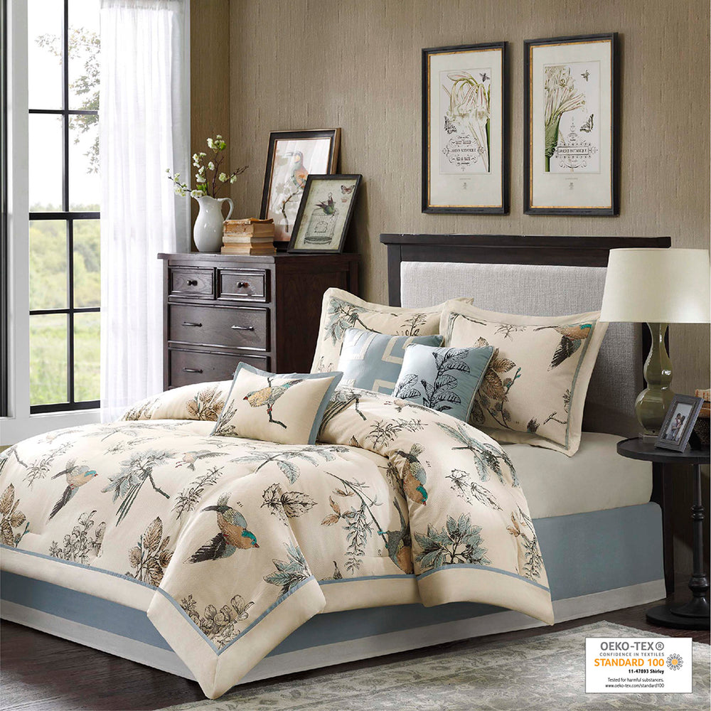 JLA Home Madison Park - 7 Madison Park Quincy Cotton Twill Comforter Set with Leaf & Bird Print, OEKO-TEX Certified Cottage Style 90 L x 90 W x 1.5H MP10-758
