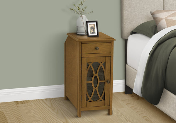 English Elm Accent Narrow Accent Table with Drawer & Glass Cabinet Taupe Veneer 24" High Compact Nightstand B2710P219480