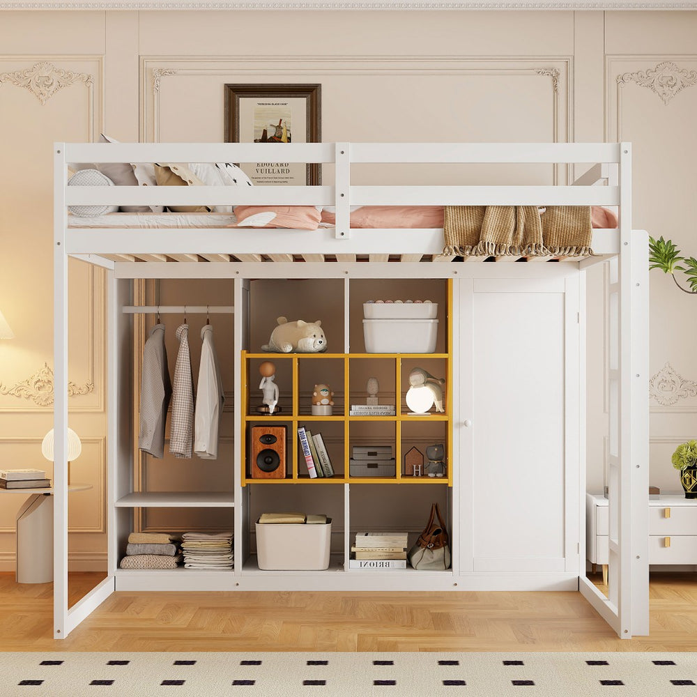 English Elm Twin Loft Bed with Wardrobe Shelves and Cabinet Kids Bedroom Wood Storage Frame Yellow+White N708S00024K
