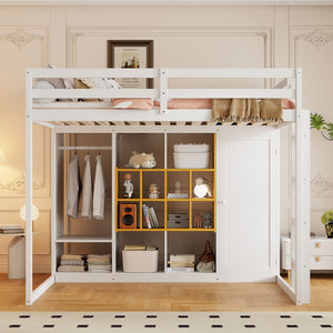 English Elm Twin Loft Bed with Wardrobe Shelves and Cabinet Kids Bedroom Wood Storage Frame Yellow+White N708S00024K