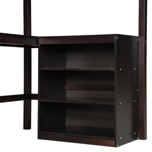 English Elm Twin Loft Bed with Built-in Desk and Open Shelves Solid Pine Kids Study Sleep Espresso LT001537AAP-1
