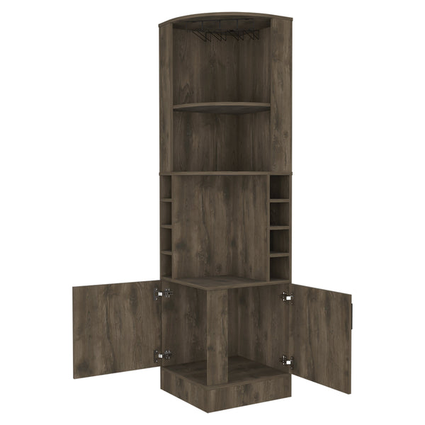 English Elm Seattle Corner Bar Cabinet with 8 Bottle Cubbies, Glass Racks & 2 Open Display Shelves — Modern Elegance B128P176131