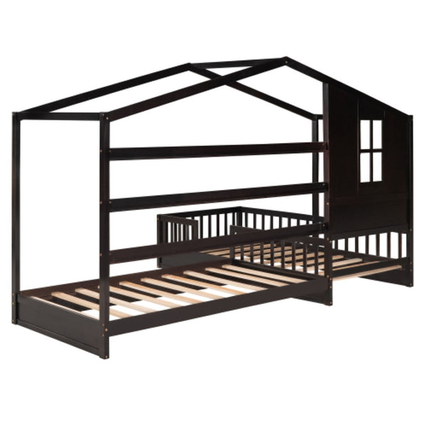 English Elm Wood House Bed L-shaped Twin Frame Pinewood Kids Room Peaked Roofline Espresso Finish LP001345AAP