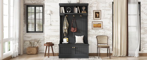 English Elm Hall Tree Entryway Organizer with Shoe Bench and 4-in-1 Coat Rack Hooks, Elegant Storage for Hallways Black W1580P327003