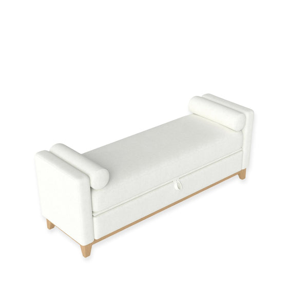 English Elm 66 Inch Sherpa Upholstered Storage Bench with Fluted Wood Base and Bolster Pillows Beige+Natural W1658P446112