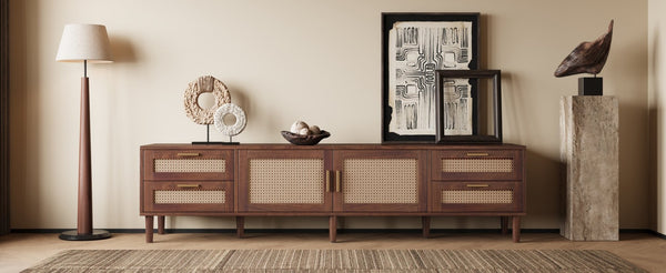 English Elm 78 Inch Rattan Media Console with Pine Legs Four Drawers Modern Living Room Tv Stand N710P365048P