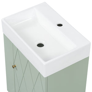 English Elm 20 Modern Wall-Mounted Bathroom Vanity with Ceramic Sink, Diamond Door, Gold Handles & Shelves — Compact Green N725P314033F