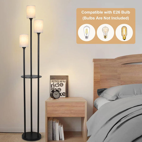 English Elm Floor Lamp With Shelves - 3-Light Industrial Design, Linen Shades & Foot Switch For Stylish Spaces W2738P185430