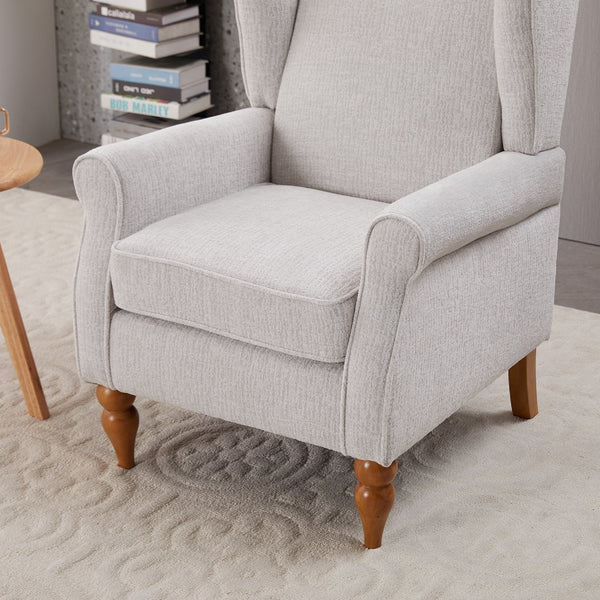 English Elm Coffee Table & Armchair Set with Vintage Roman Column Legs, Breathable Fabric, Solid Rubberwood Craftsmanship Beige W2989P339991