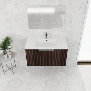 English Elm 36 Inch Silver-Brown Stripe Wall-Mounted Vanity with Resin Sink, Soft-Close Doors & Spacious Storage W999P204953