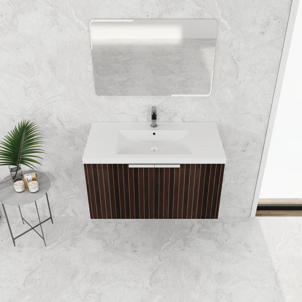 English Elm 36 Inch Silver-Brown Stripe Wall-Mounted Vanity with Resin Sink, Soft-Close Doors & Spacious Storage W999P204953