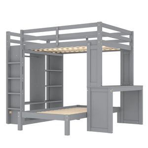 English Elm Full Solid Wood Loft Bed with Removable Lower Bed, Built-In Desk, Shelves & Wardrobe for Space-Saving Designs Grey W1580S00212