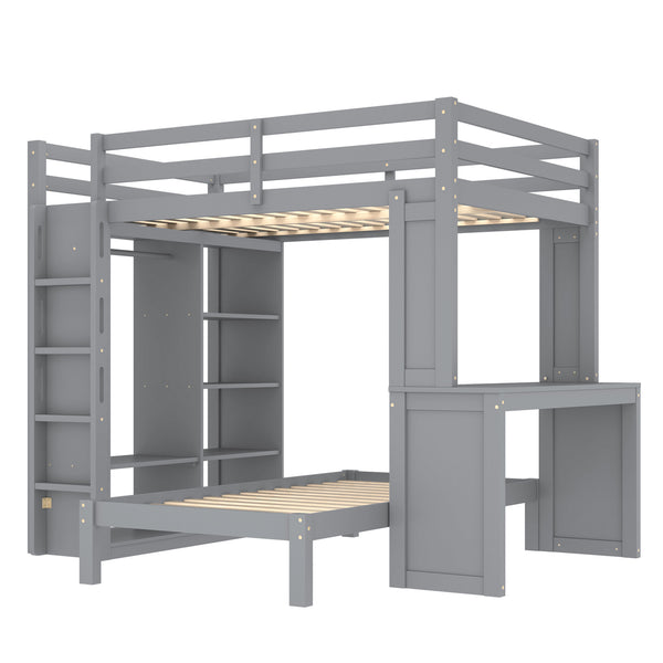 English Elm Full Solid Wood Loft Bed with Removable Lower Bed, Built-In Desk, Shelves & Wardrobe for Space-Saving Designs Grey W1580S00212