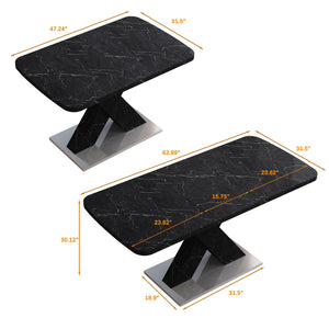 English Elm Modern Rectangle Dining Table - Stretchable Black Marble Top With X-Shape Mdf Legs & Metal Base W757P242762