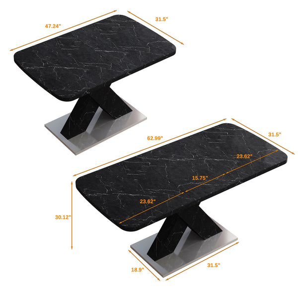 English Elm Modern Rectangle Dining Table - Stretchable Black Marble Top With X-Shape Mdf Legs & Metal Base W757P242762