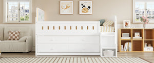 English Elm Wooden Full Bed Frame with Led Headboard Four Storage Drawers and Ladder Shelf White N7090004028K