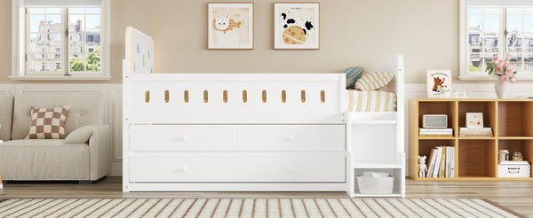 English Elm Wooden Full Bed Frame with Led Headboard Four Storage Drawers and Ladder Shelf White N7090004028K