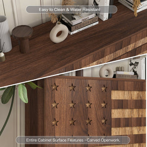 English Elm 55" Walnut Buffet Sideboard Cabinet with Hand-Carved Detail, 2 Drawers, 3 Doors, Adjustable Shelves, Anti-Tip Safety W2977P294024